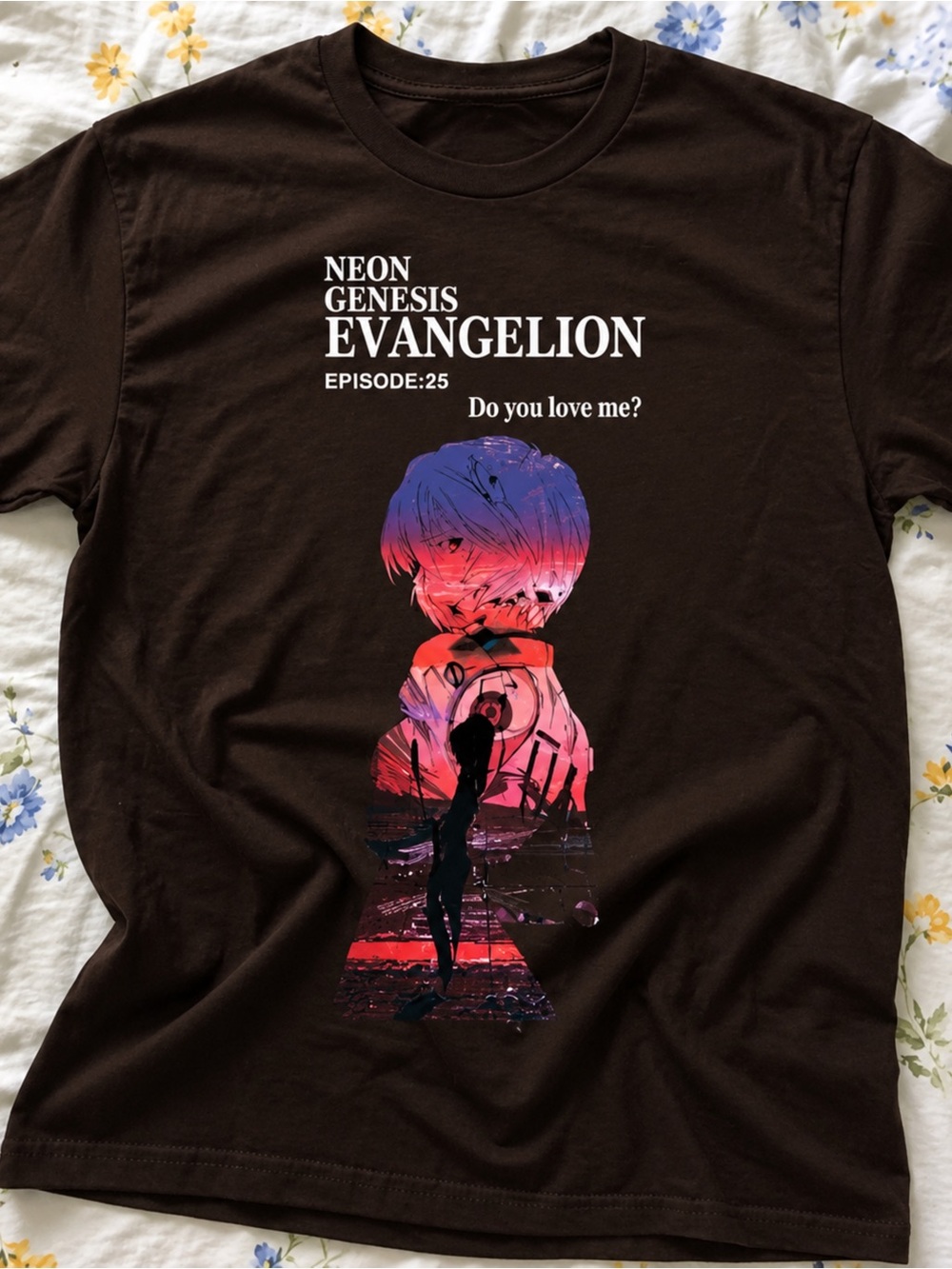 Gildan Brown Neon Genesis Evangelion Graphic Tee with Pink & Purple Illustration